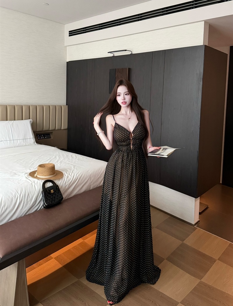 Polka dot gauze long dress sling dress for women