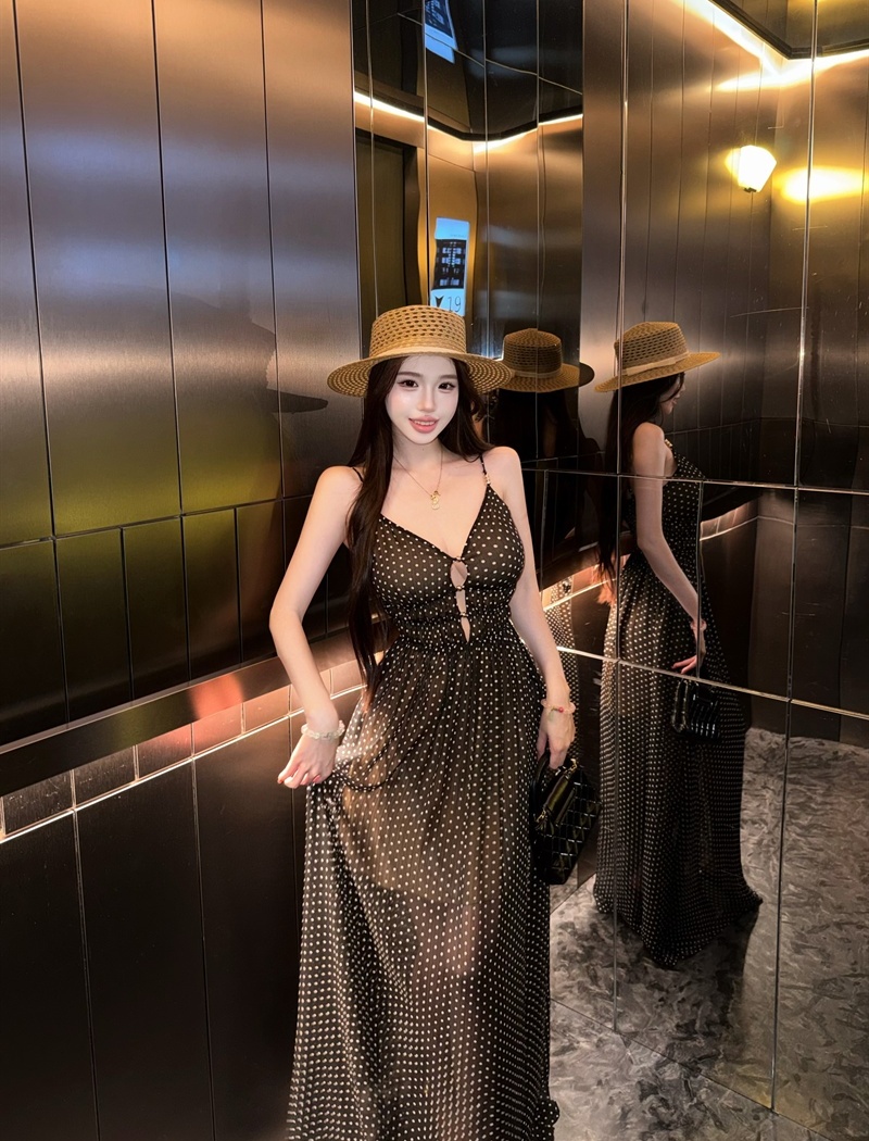 Polka dot gauze long dress sling dress for women