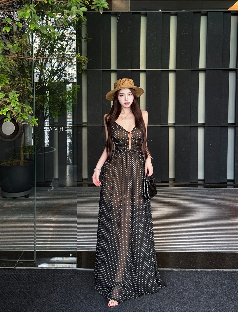 Polka dot gauze long dress sling dress for women