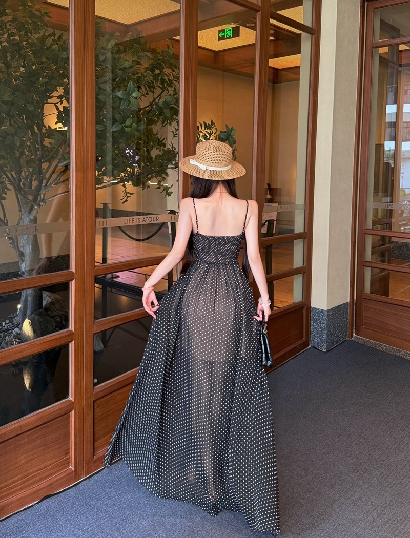 Polka dot gauze long dress sling dress for women