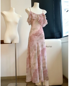 Pink summer long dress sling France style dress for women
