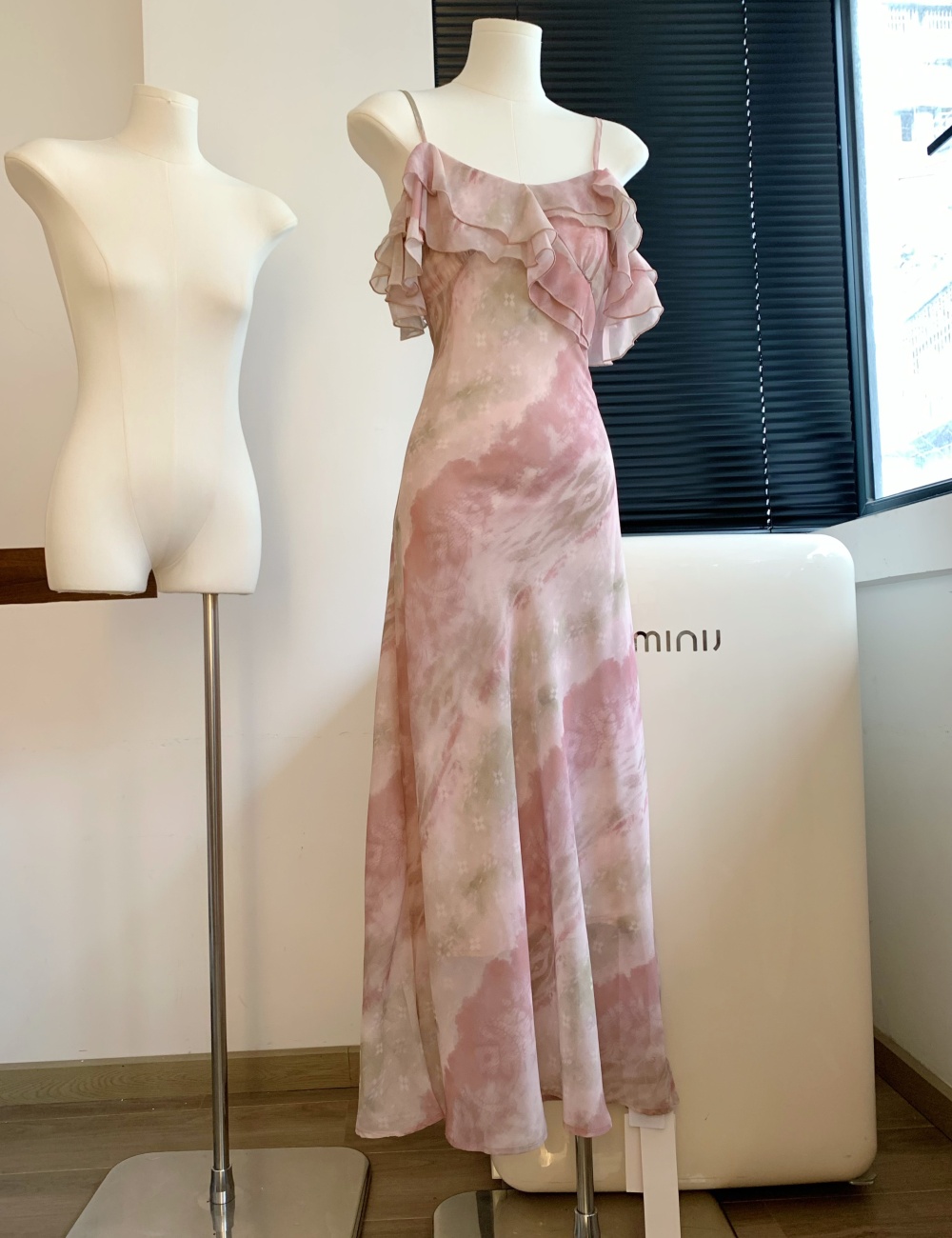 Pink summer long dress sling France style dress for women