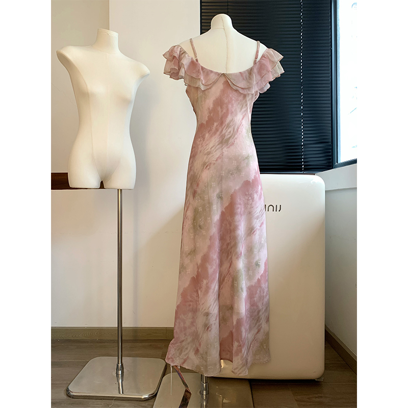 Pink summer long dress sling France style dress for women