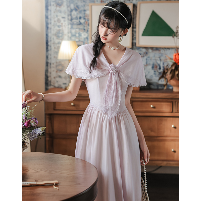 Elegant pinched waist art dress stereoscopic colors sweet shawl