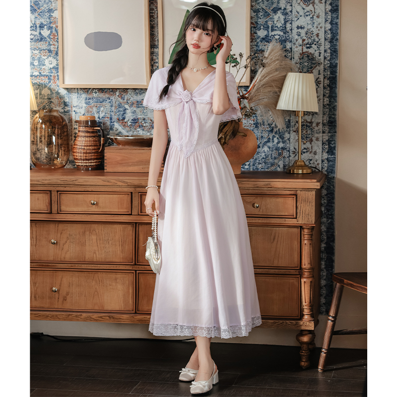 Elegant pinched waist art dress stereoscopic colors sweet shawl