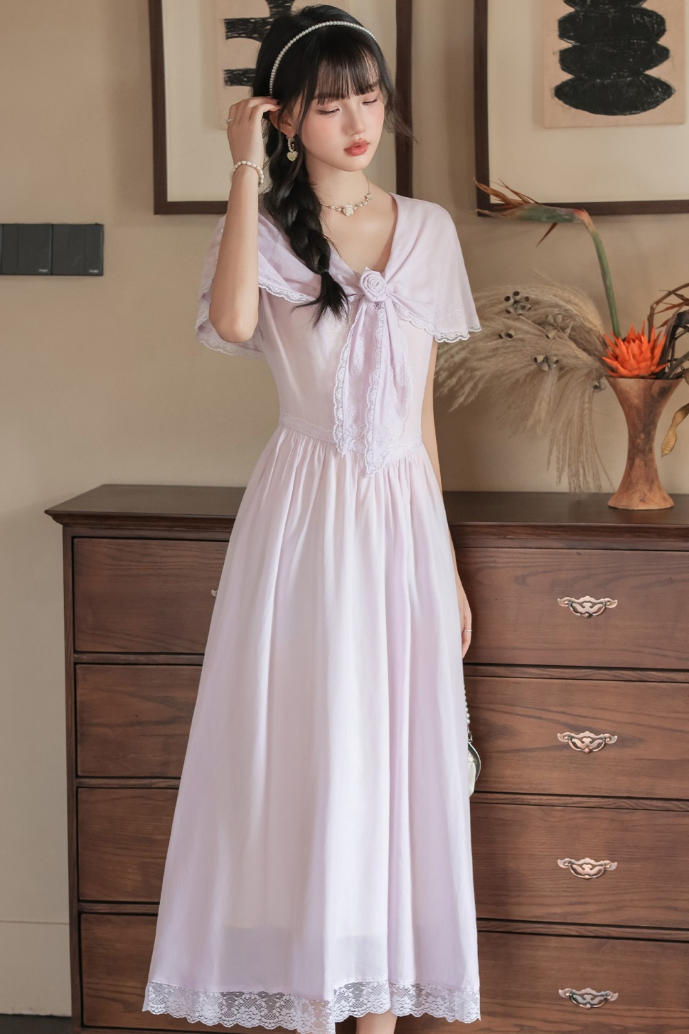 Elegant pinched waist art dress stereoscopic colors sweet shawl