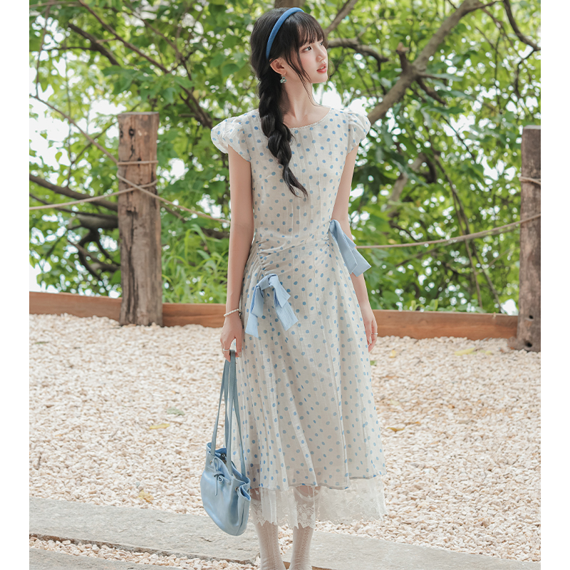 Retro lace summer polka dot bow dress