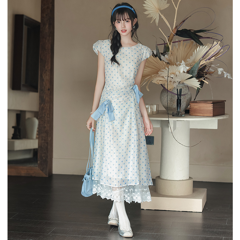 Retro lace summer polka dot bow dress