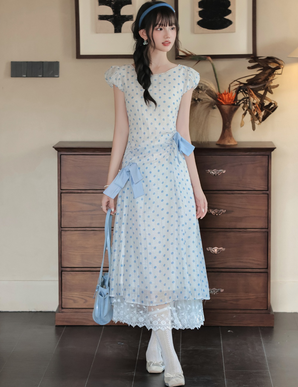 Retro lace summer polka dot bow dress