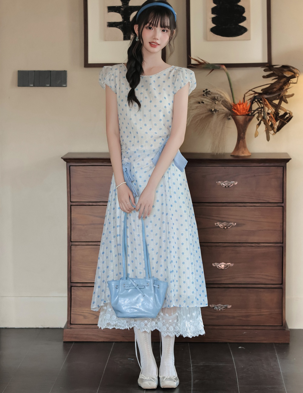 Retro lace summer polka dot bow dress