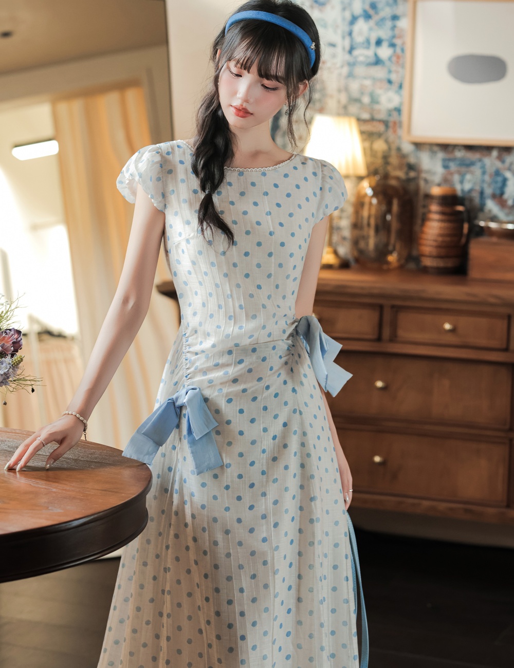 Retro lace summer polka dot bow dress