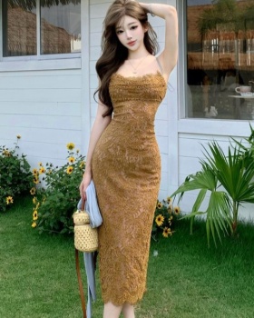 Lace slim France style retro sling elasticity dress