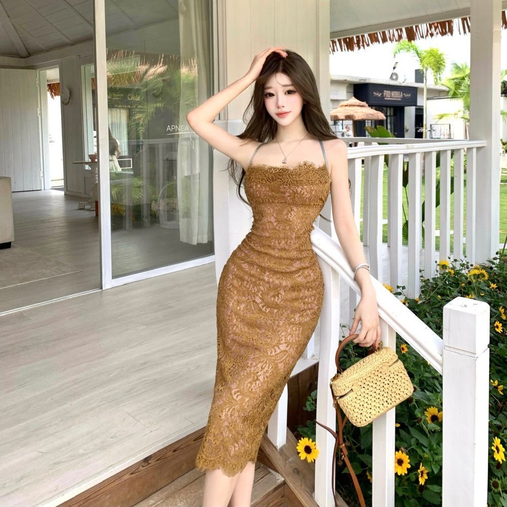Lace slim France style retro sling elasticity dress