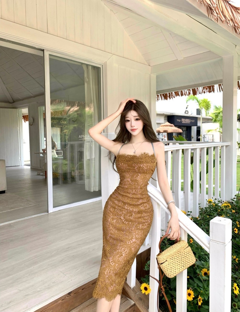 Lace slim France style retro sling elasticity dress