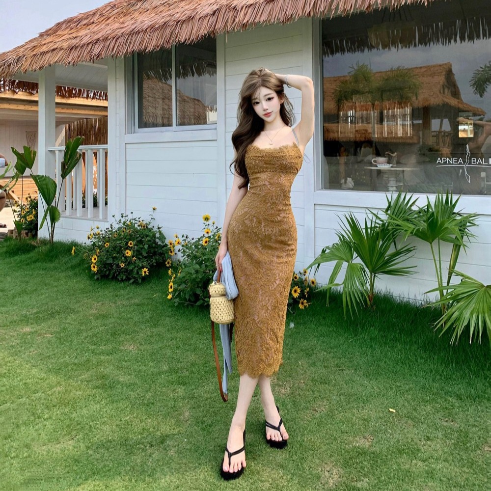 Lace slim France style retro sling elasticity dress