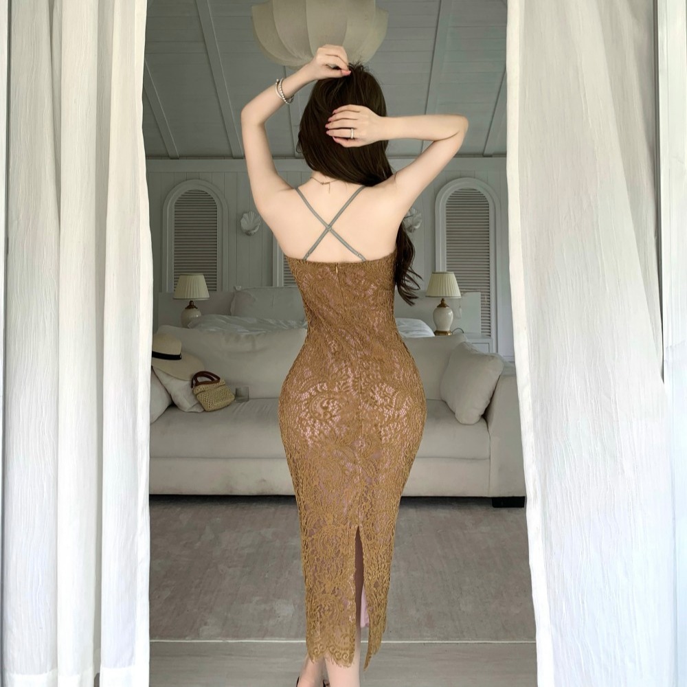 Lace slim France style retro sling elasticity dress