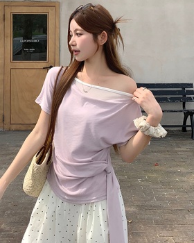Pseudo-two side bandage tops summer T-shirt for women