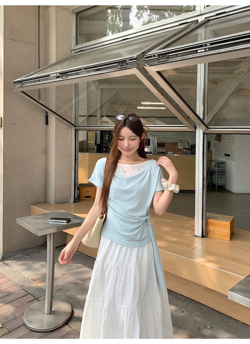 Pseudo-two side bandage tops summer T-shirt for women