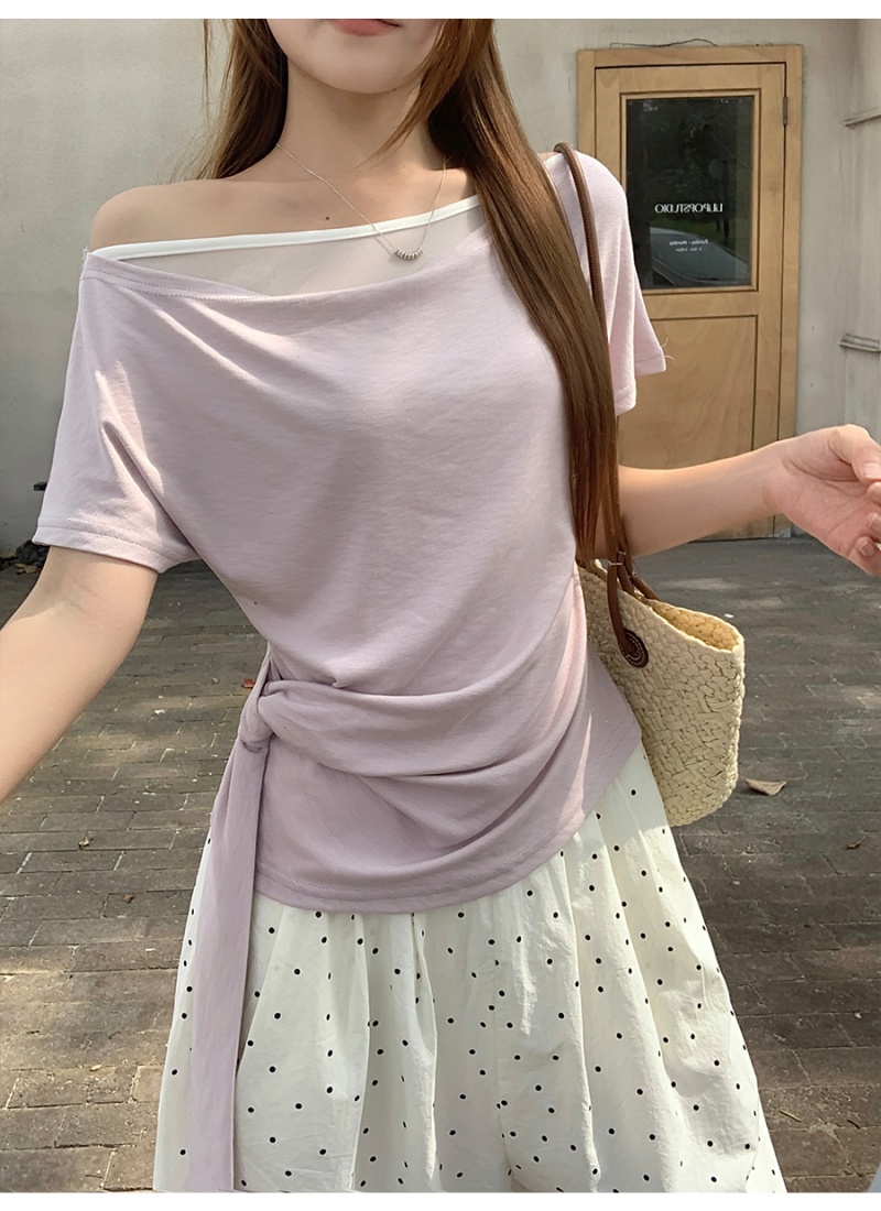 Pseudo-two side bandage tops summer T-shirt for women