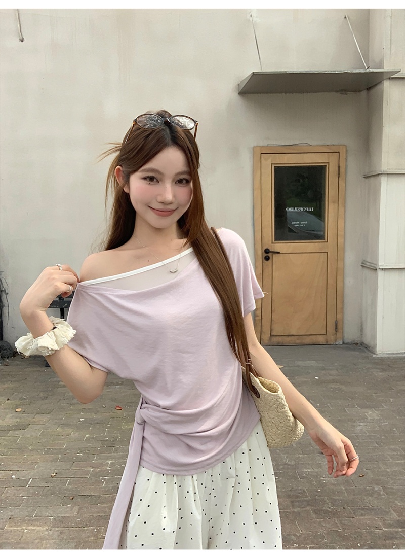 Pseudo-two side bandage tops summer T-shirt for women