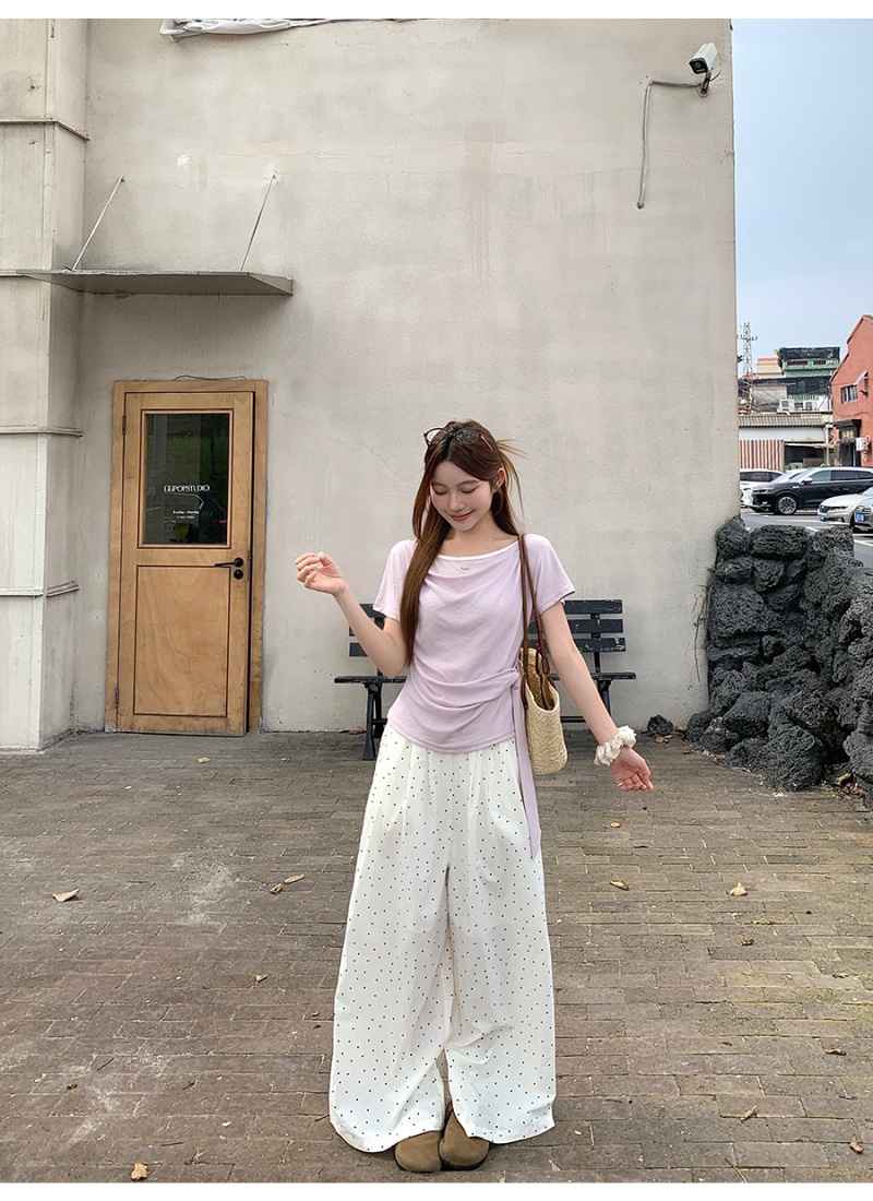 Pseudo-two side bandage tops summer T-shirt for women
