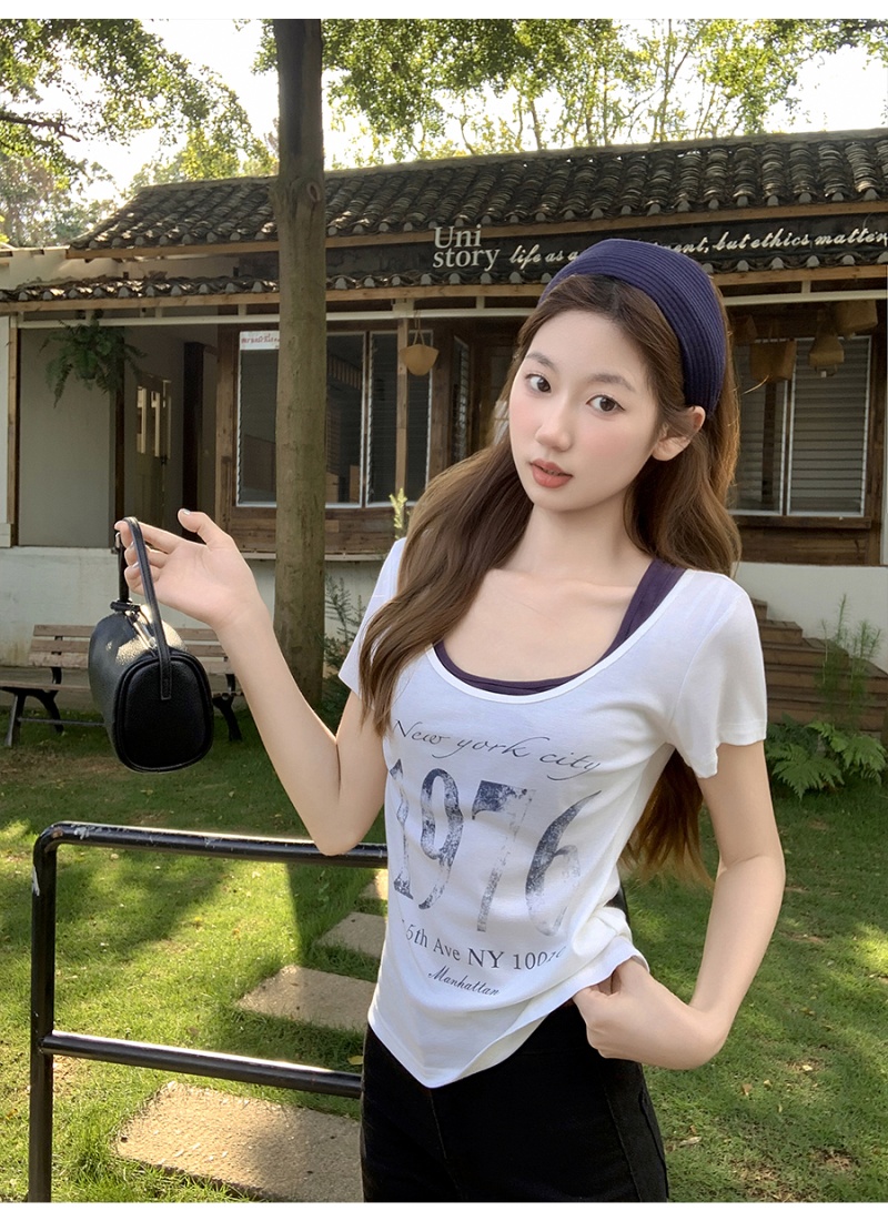Pseudo-two printing tops letters T-shirt for women