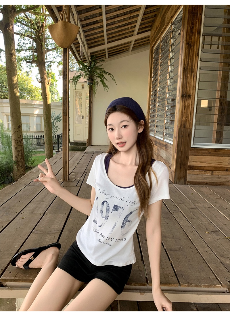 Pseudo-two printing tops letters T-shirt for women