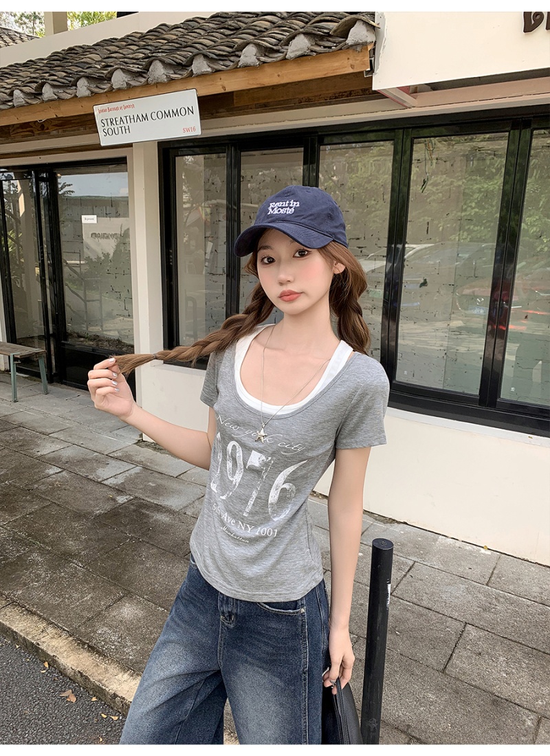 Pseudo-two printing tops letters T-shirt for women