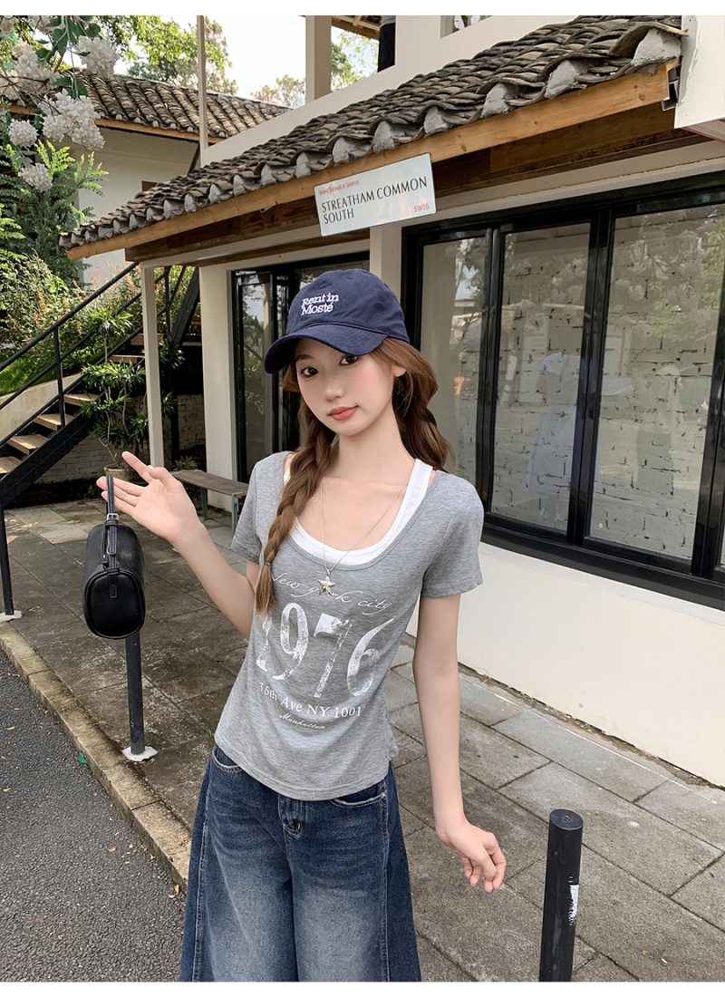 Pseudo-two printing tops letters T-shirt for women