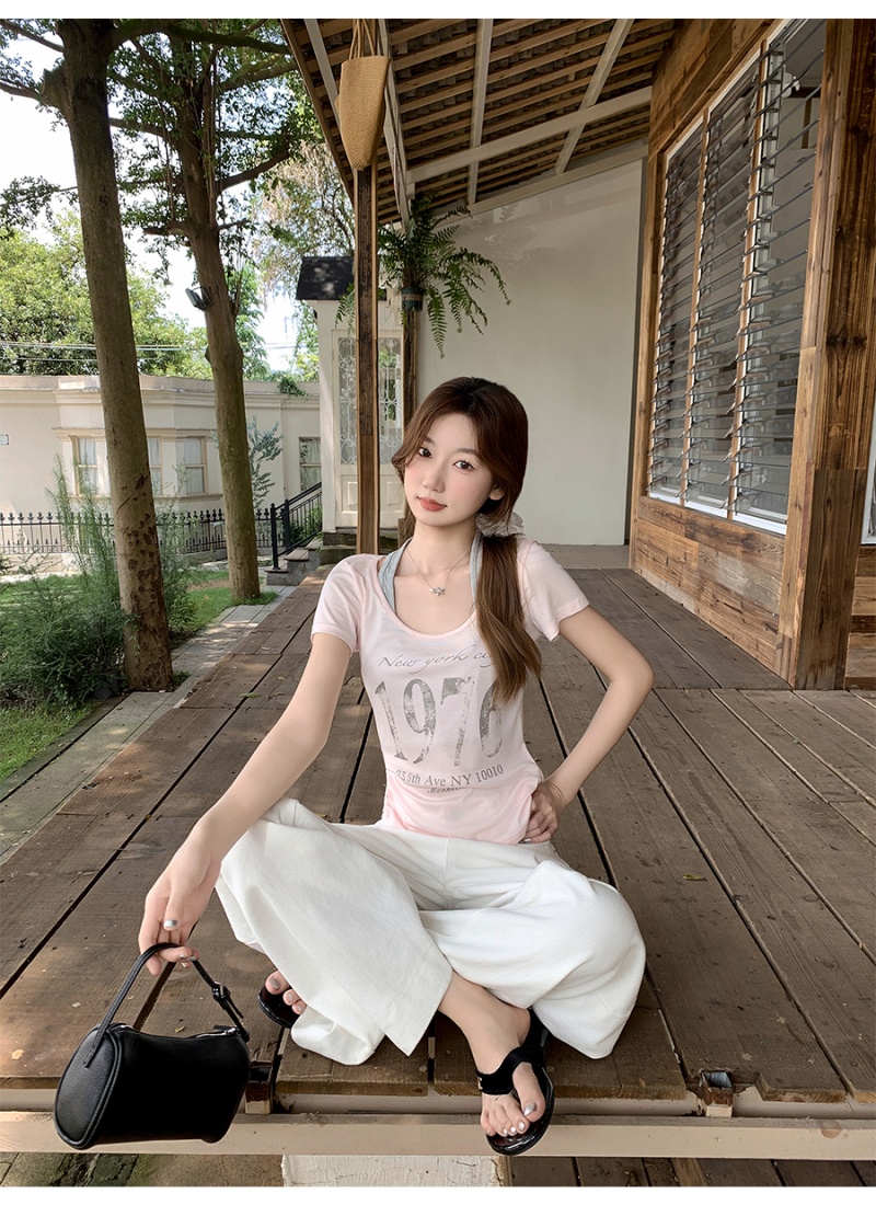 Pseudo-two printing tops letters T-shirt for women
