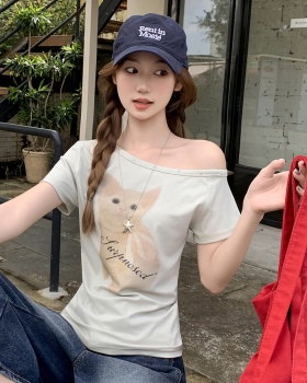 Sloping shoulder tops cartoon T-shirt for women