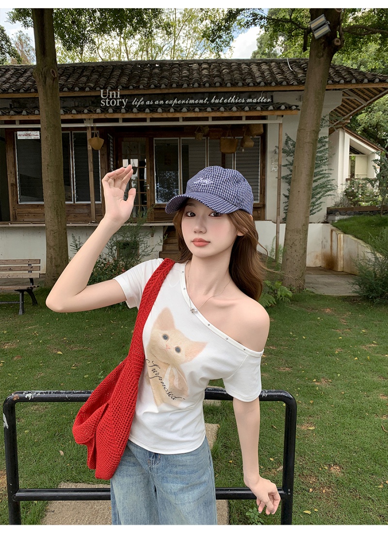 Sloping shoulder tops cartoon T-shirt for women