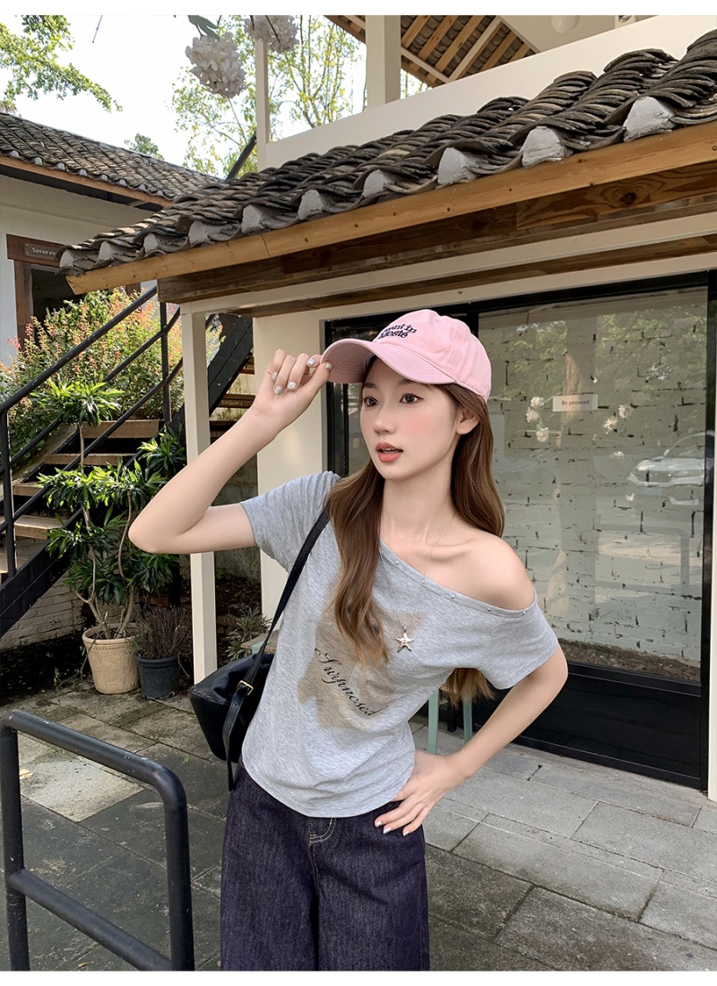 Sloping shoulder tops cartoon T-shirt for women