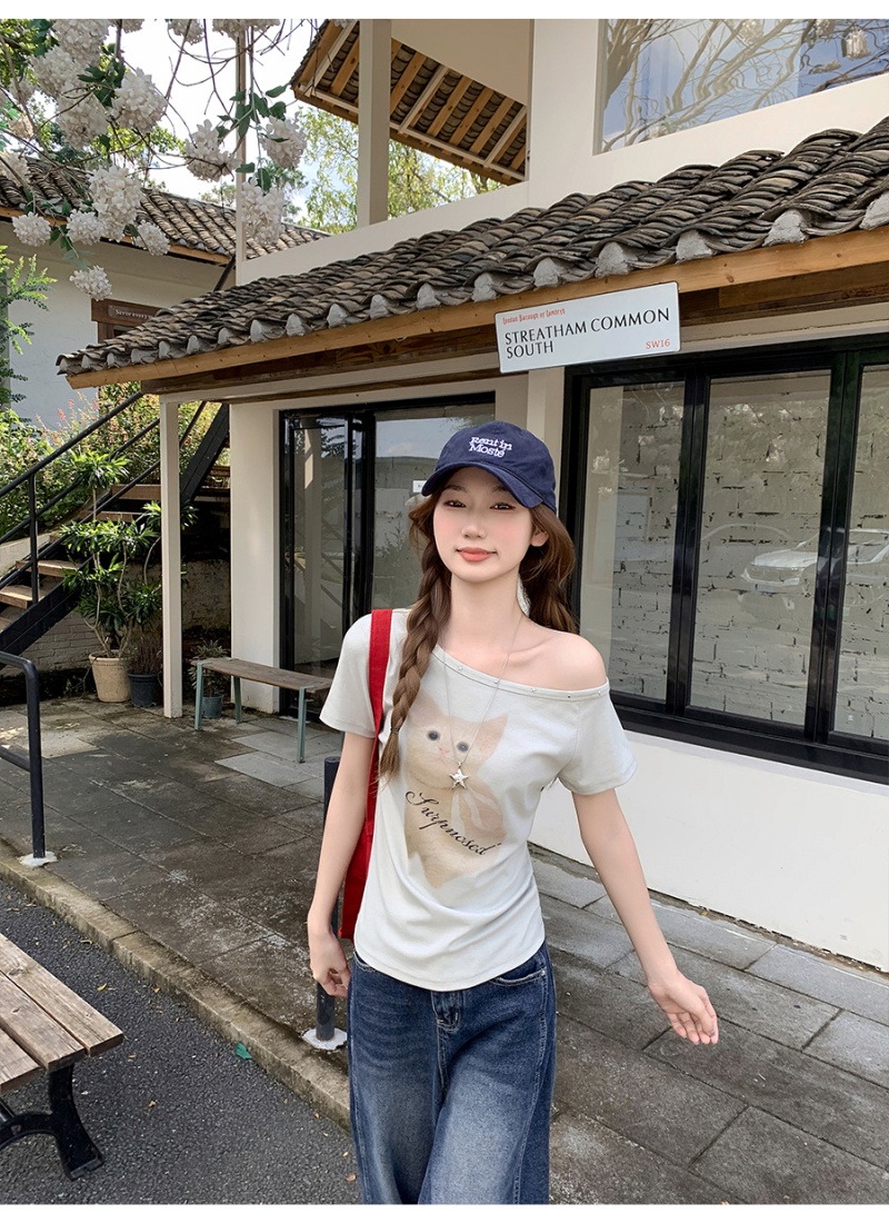 Sloping shoulder tops cartoon T-shirt for women