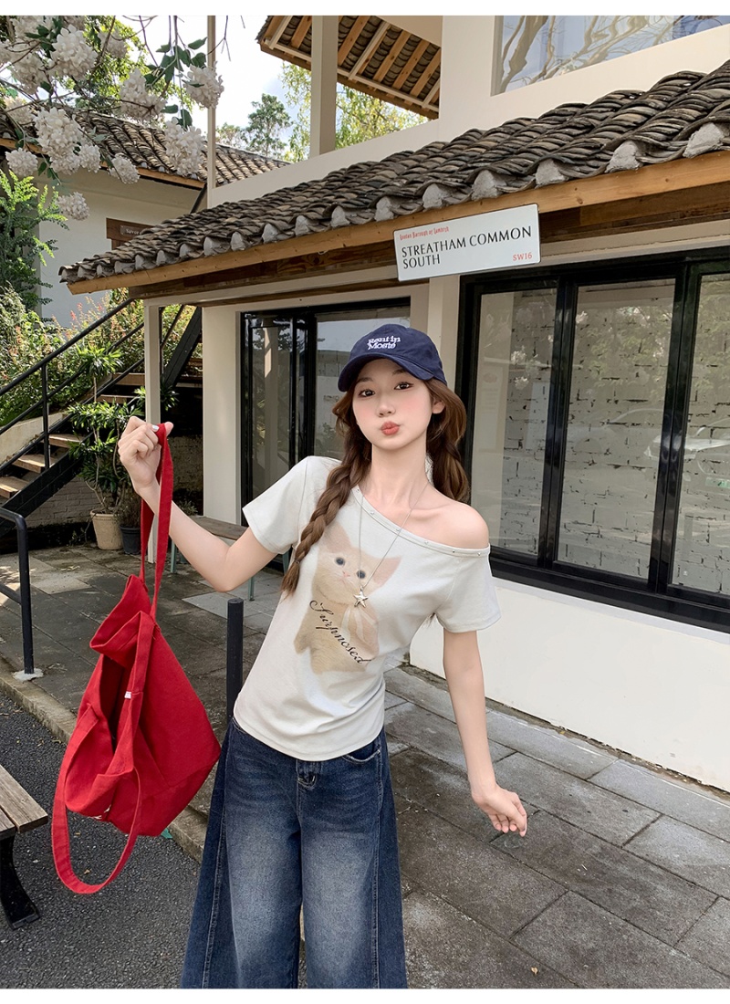 Sloping shoulder tops cartoon T-shirt for women