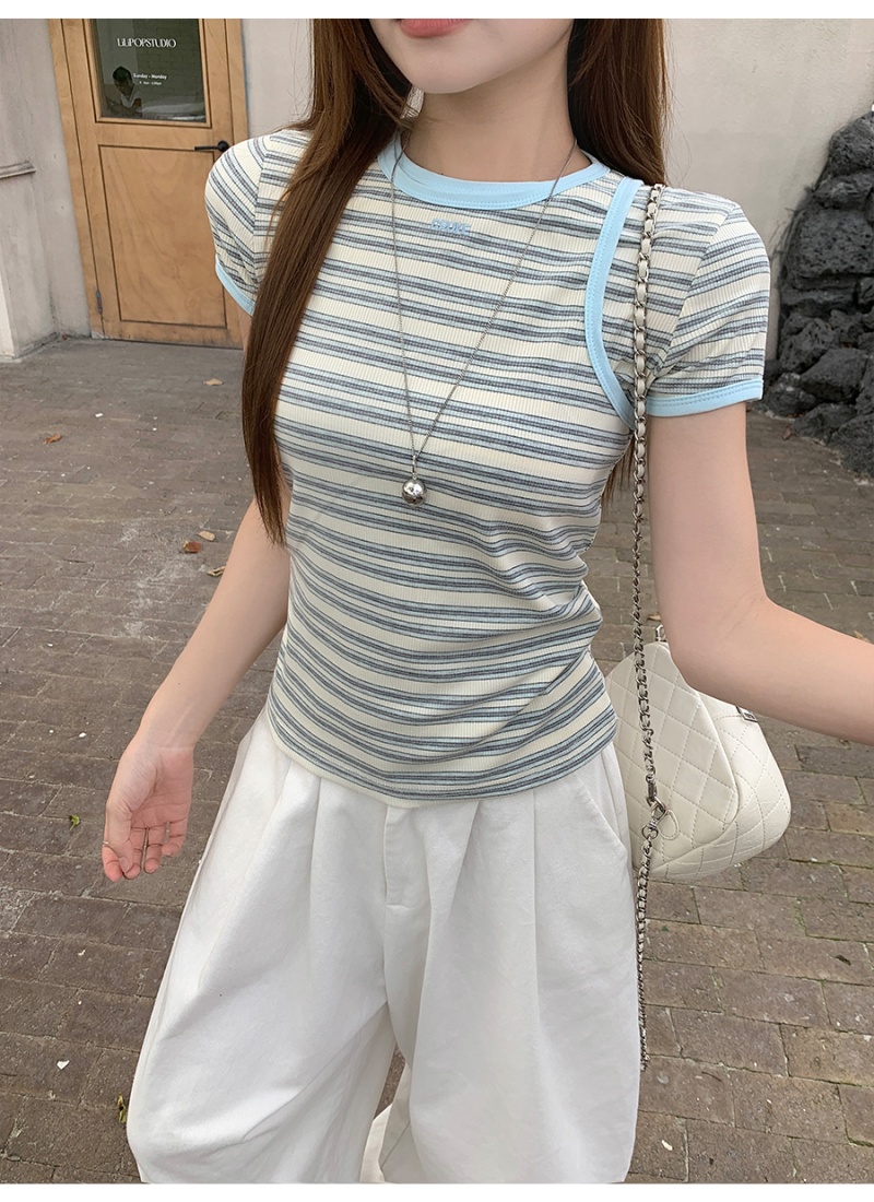 Slim stripe tops summer shirts 2pcs set for women