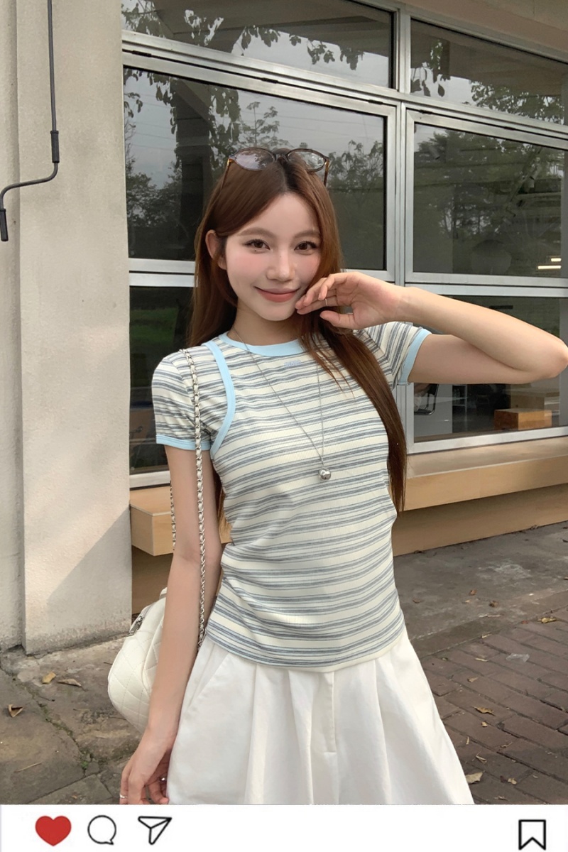 Slim stripe tops summer shirts 2pcs set for women