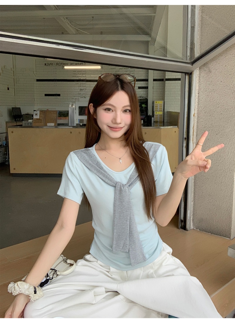 Short sleeve slim shawl summer all-match shirts for women