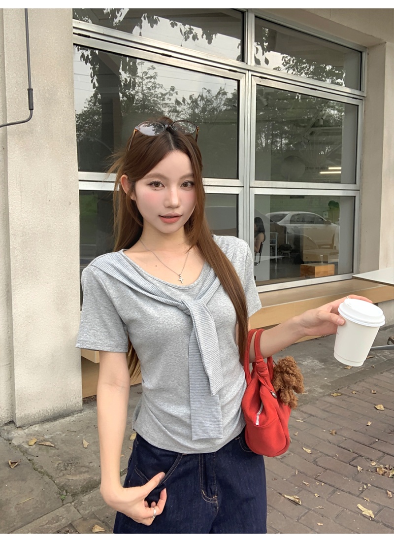 Short sleeve slim shawl summer all-match shirts for women