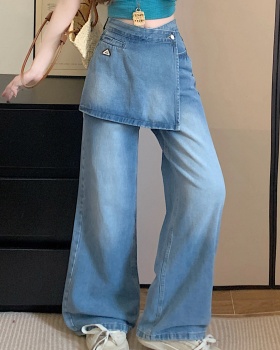 Pseudo-two denim wide leg pants straight high waist long pants