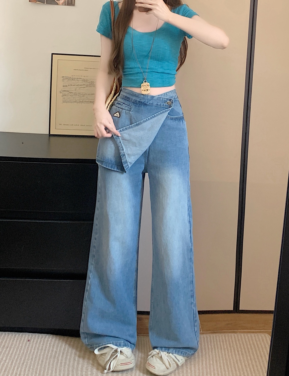 Pseudo-two denim wide leg pants straight high waist long pants