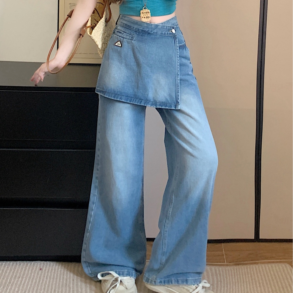 Pseudo-two denim wide leg pants straight high waist long pants