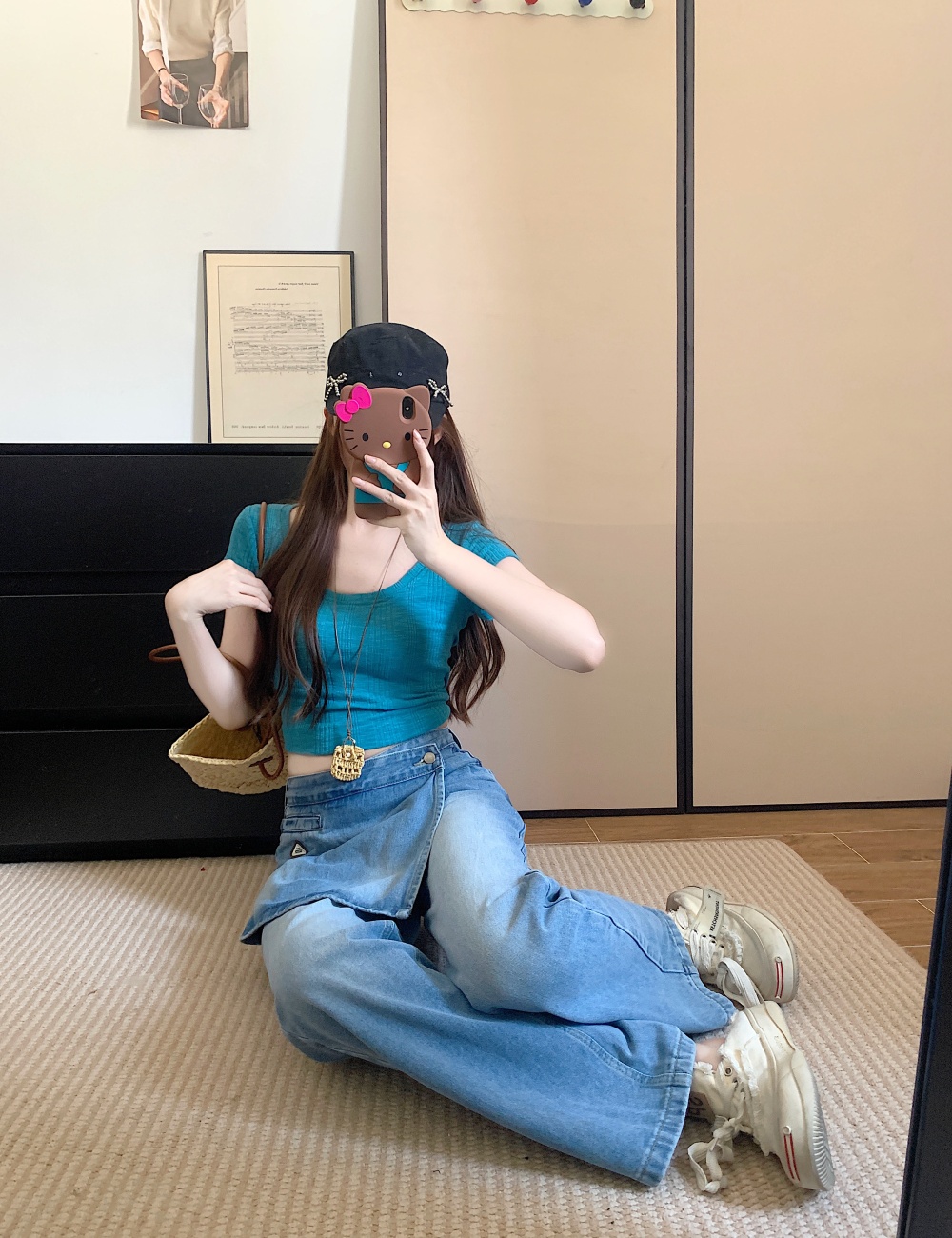Pseudo-two denim wide leg pants straight high waist long pants