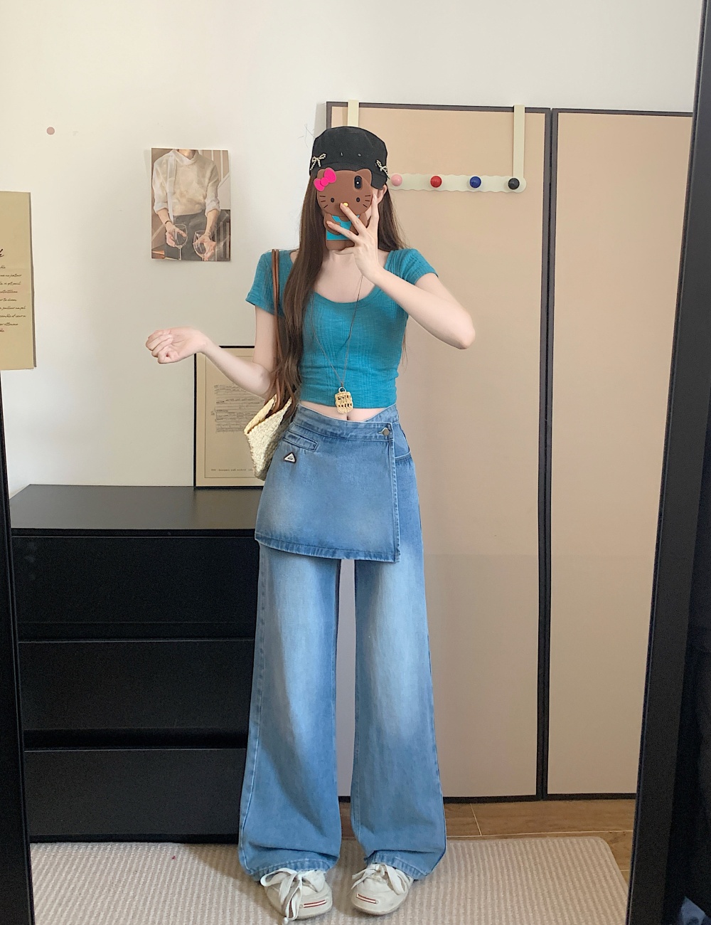 Pseudo-two denim wide leg pants straight high waist long pants