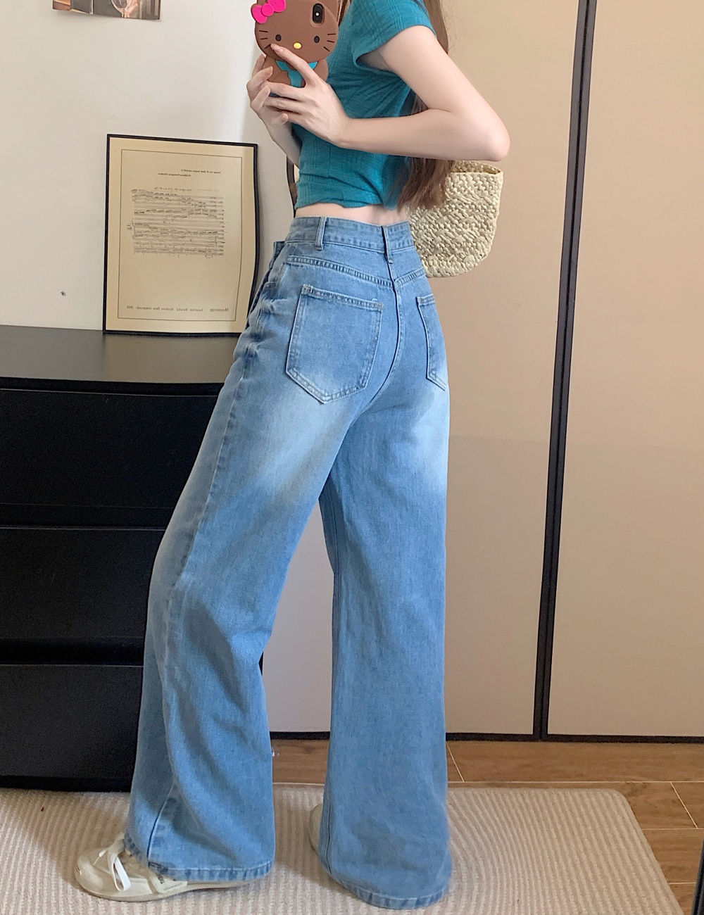 Pseudo-two denim wide leg pants straight high waist long pants