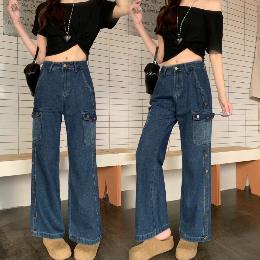 Loose many pocket work clothing slim wide leg pants