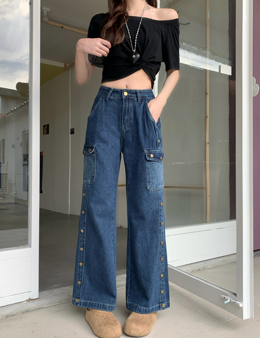 Loose many pocket work clothing slim wide leg pants