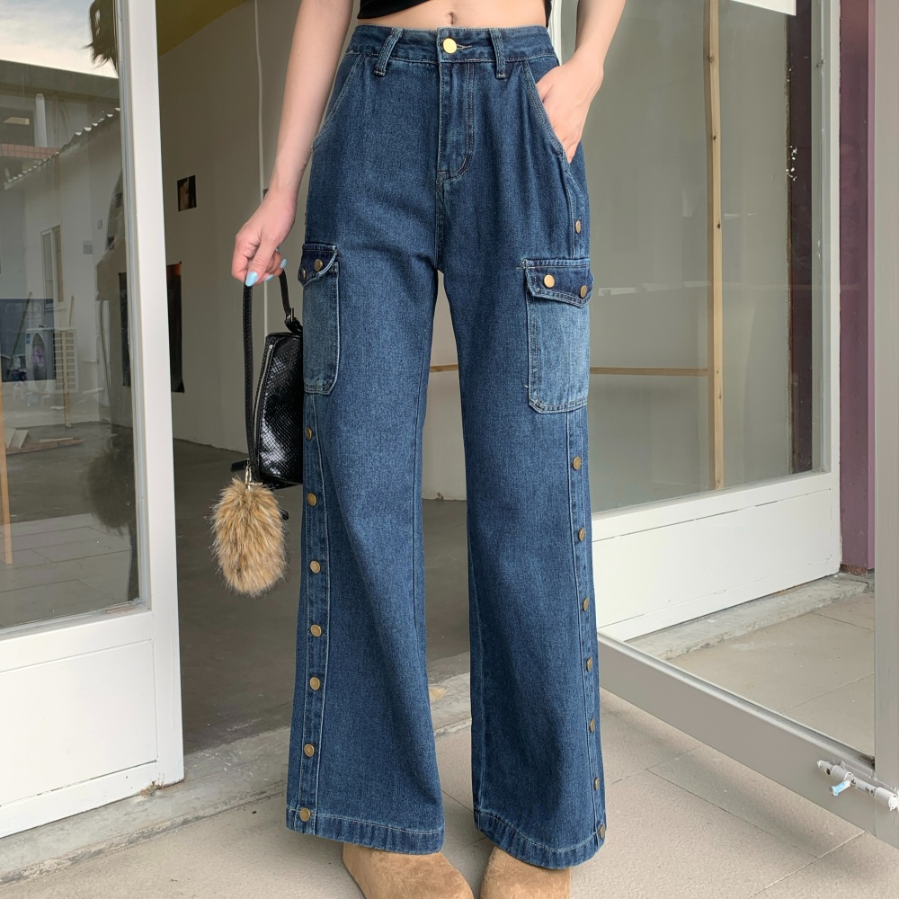 Loose many pocket work clothing slim wide leg pants