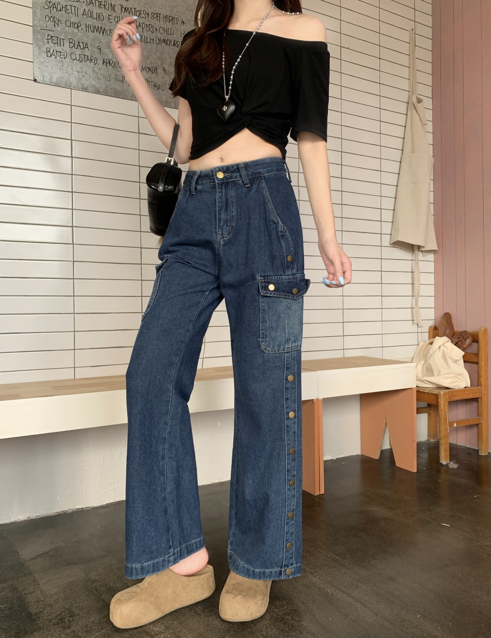 Loose many pocket work clothing slim wide leg pants