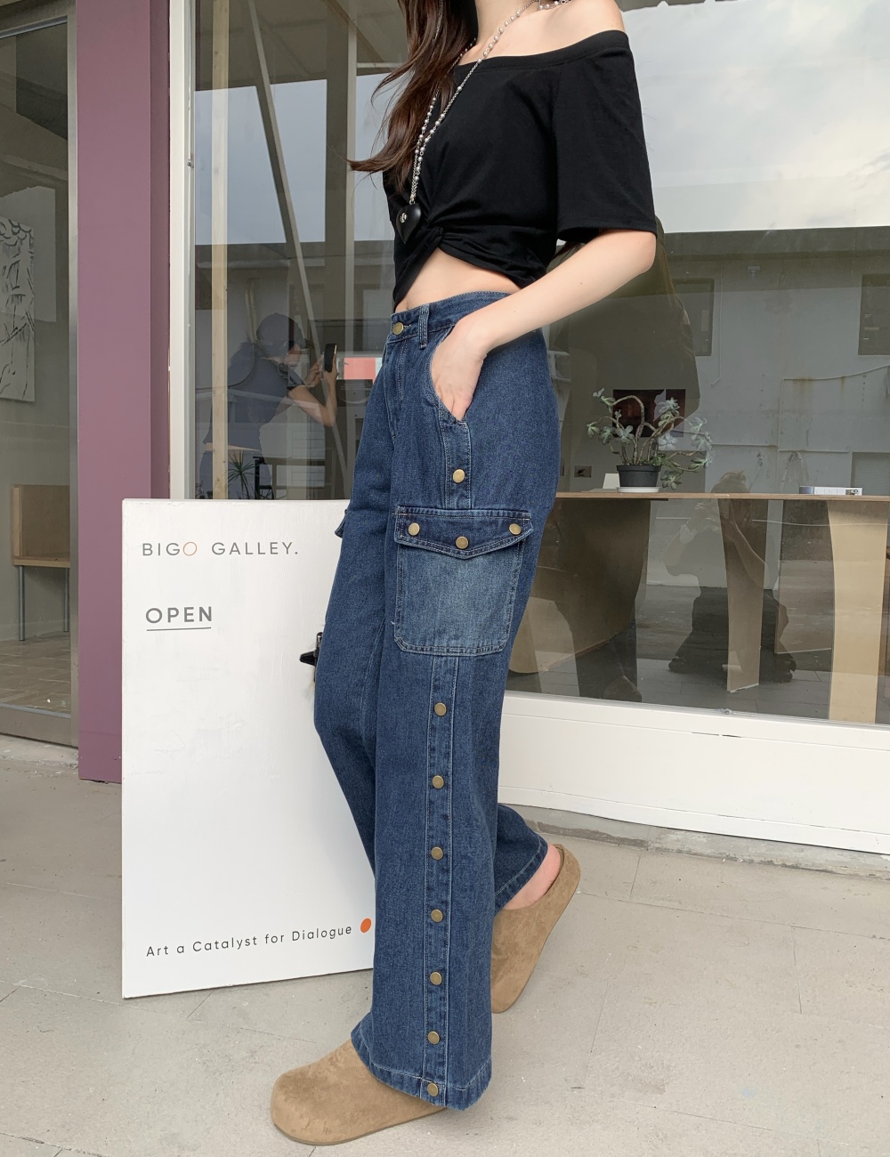 Loose many pocket work clothing slim wide leg pants